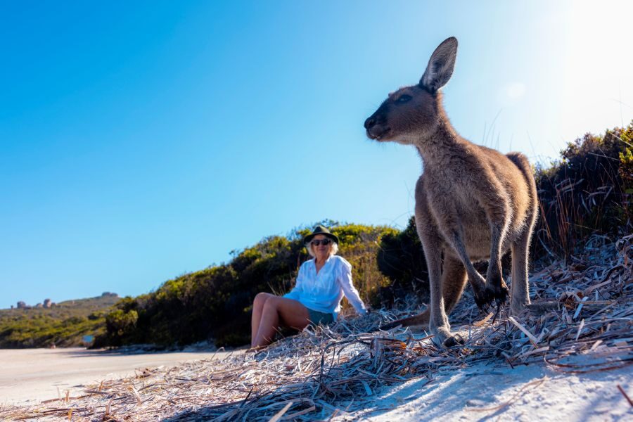 Vrouw zit bij Esperance op het Lucky Bay strand samen met een kangoeroe