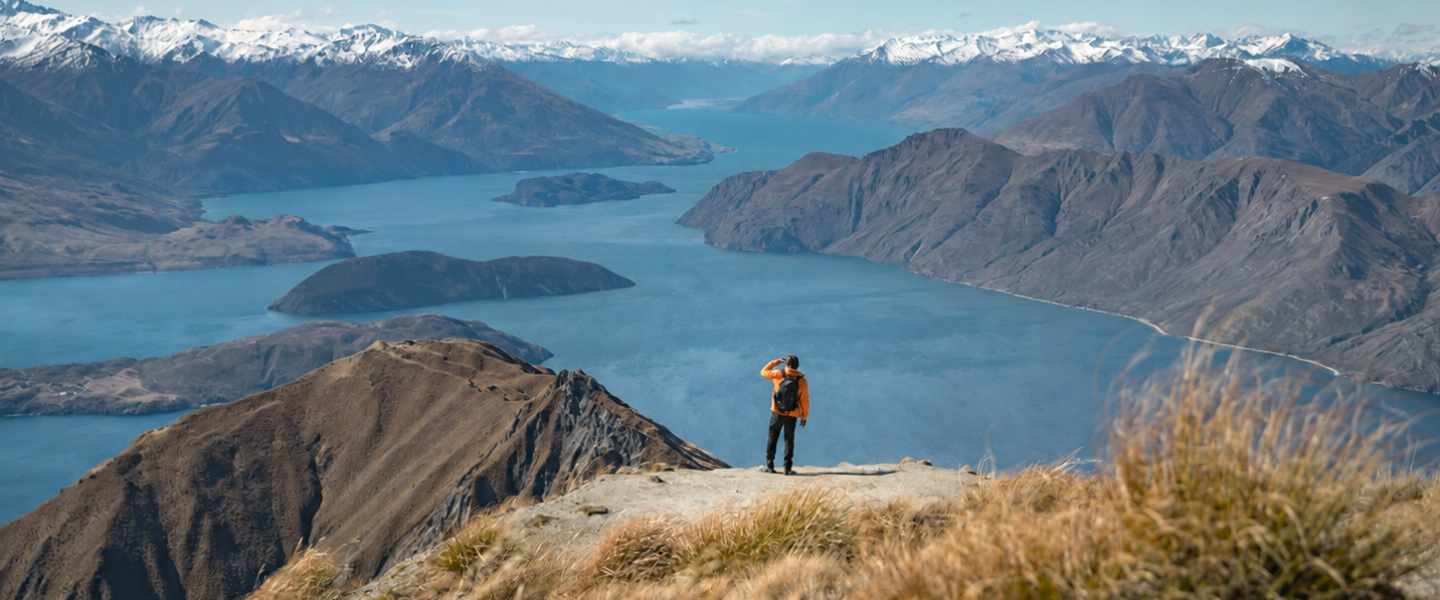Man kijkt uit over Roys Peak bij Wanaka