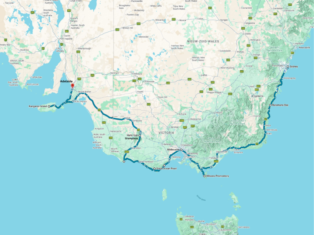Kaart waarop de route tussen Sydney en Adelaide via Melbourne en de Great Ocean Road getekend is