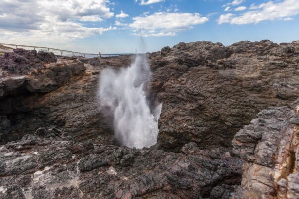Blowhole bij Kiama in New South Wales waar water met grote kracht uit de rots omhoog spuit