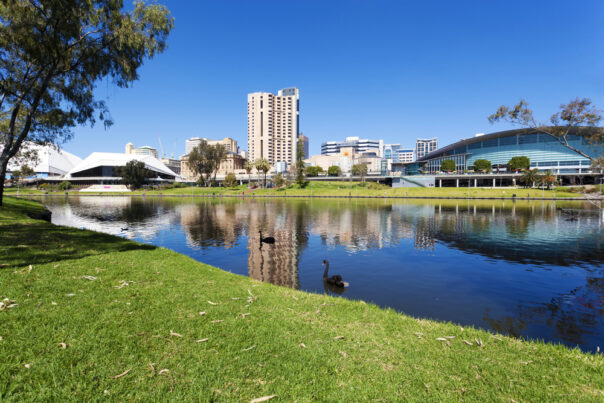 Zicht op de skyline van Adelaide vanaf de rivier