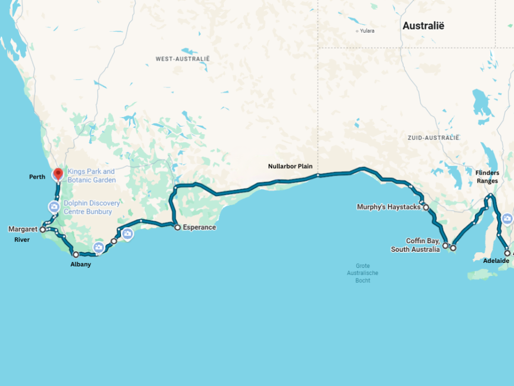 Kaart met de route tussen Adelaide en Perth afgebeeld via de Nullarbor Plain