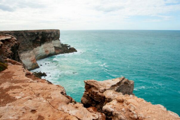 De grillige rotskust van de Bunda Cliffs in het Head of Bight park aan de Nullarbor Plain