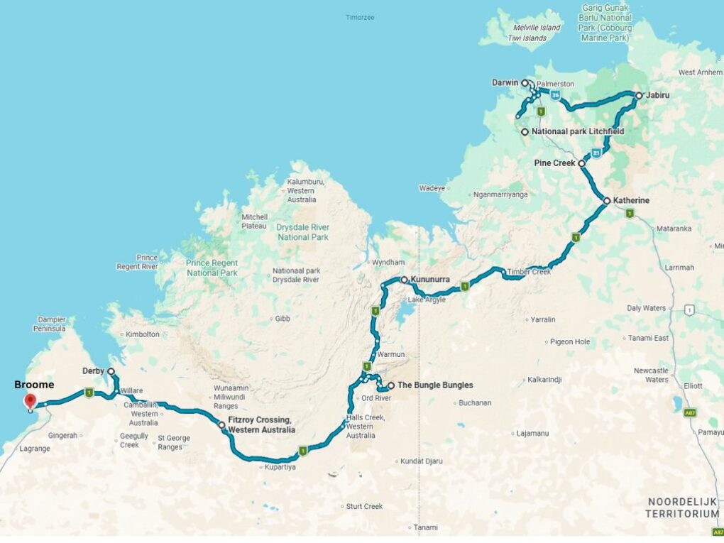 Kaart waarop de route tussen Broome en Darwin via de verharde weg is aangegeven