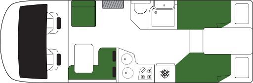 Floorplan dag van de Birtz Wanderer in Nieuw-Zeeland met twin en single bedden