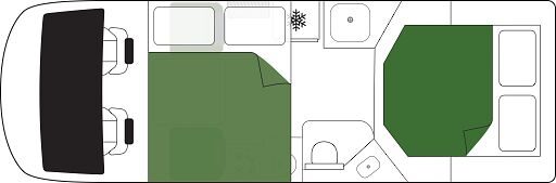 De floorplan nacht van de Britz Odyssey camper met een vast tweepersoonsbed achterin en een drop down tweepersoonsbed voorin de camper