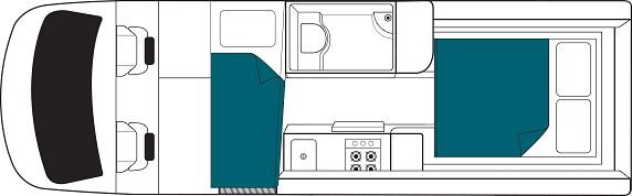 Floorplan nacht met 1 eenpersoonsbed en 1 tweepersoonsbed in de Maui Ultima Plus camper