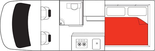Floorplan nacht van de Mighty Duo camper in Australië