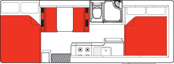 Floorplan nacht van de Mighty Double Up camper in Nieuw-Zeeland