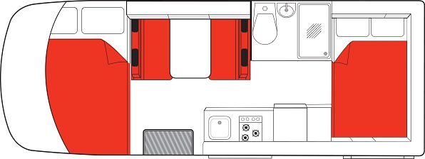 Floorplan nacht van de Mighty Double Up camper in Australië