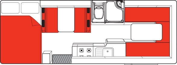 Floorplan dag van de Mighty Big Six camper in Nieuw-Zeeland