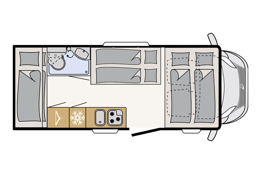 Floorplan nacht van de McRent Family Plus camper in Nieuw-Zeeland