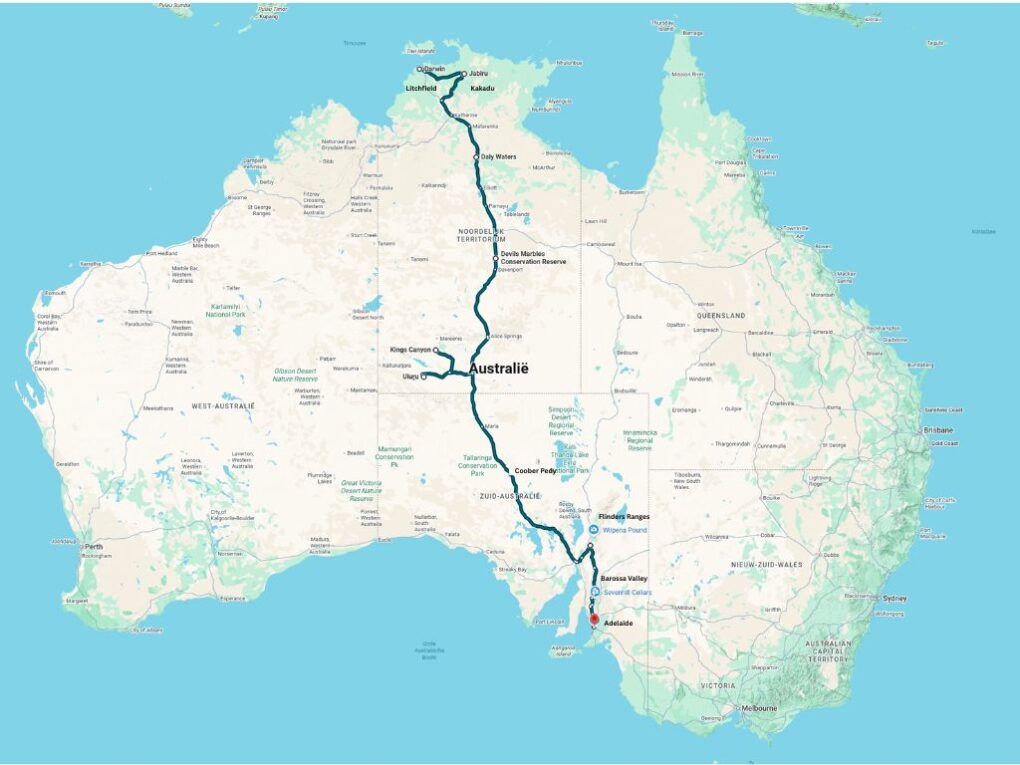 Google Maps waarop de route tussen Darwin en Adelaide via het red Centre is getekend
