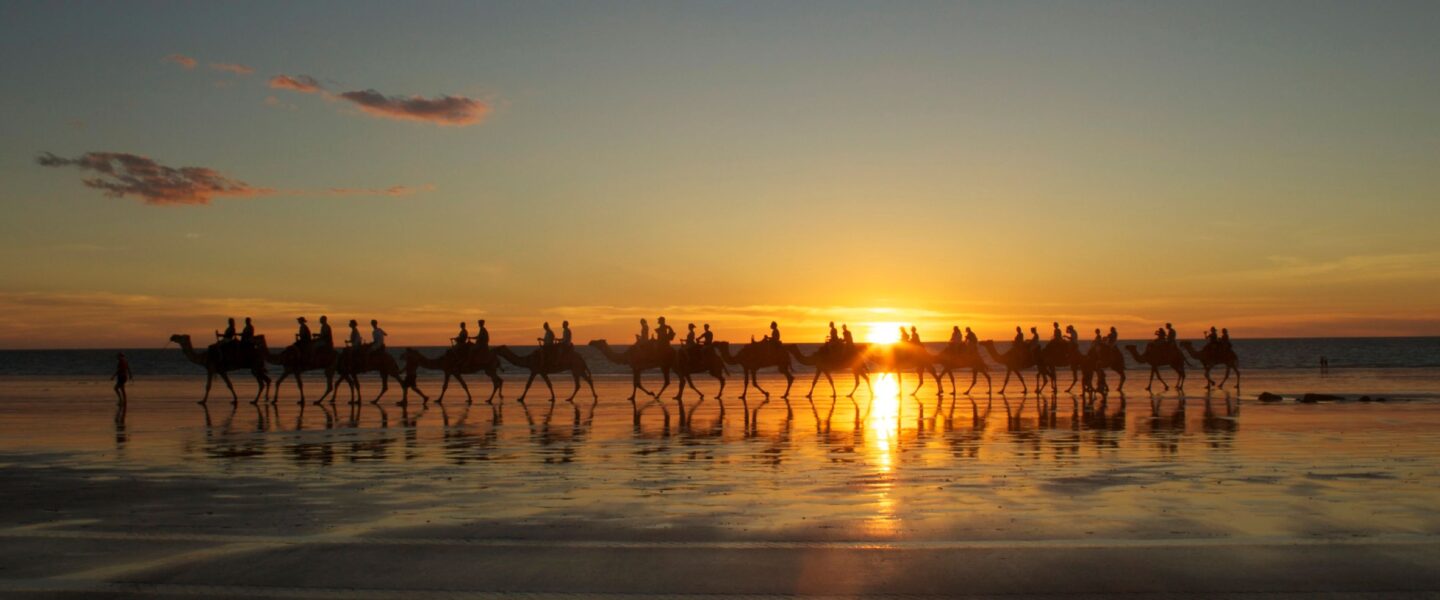 Kamelen lopen achter elkaar op het strand bij zonsondergang in Broome
