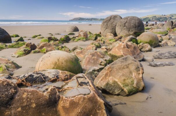 Grote knikkers van de Moeraki Boulders liggen op het strand op het Zuidereiland