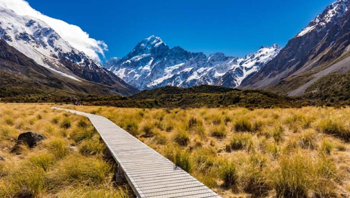 Het wandelpad van de Hooker Valley Track in het Mount Cook National Park