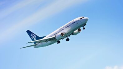 Vliegtuig van Air New Zealand tegen een blauwe lucht