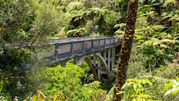 Doodlopende brug over de Whanganui rivier op het Noordereiland: Bridge to Nowhere