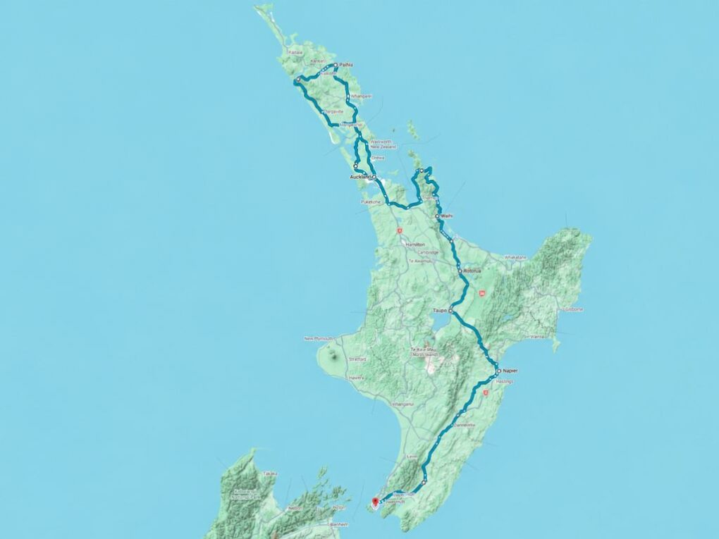 Routekaart voor Auckland naar Wellington via Northland, Coromandel, Rotorua, Napier