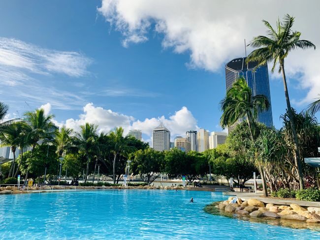 Brisbane South Bank palmbomen met helder blauw water