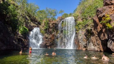 Mensen zwemmen bij de Florence falls in Litchfield National Park